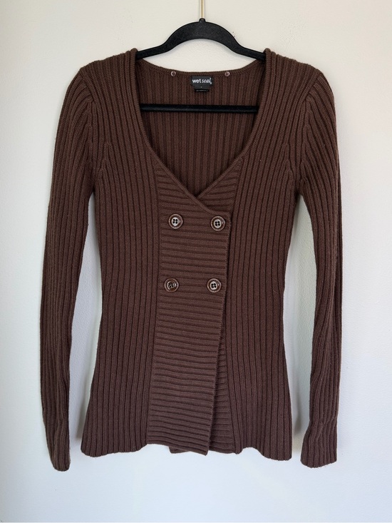 Wet Seal Sweaters - Y2K Wet Seal Brown Ribbed Button Up Knit Sweater Top Vintage Autumn Fairy Grunge